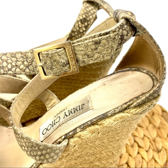JIMMY CHOO GOLD SNAKE PRINT BUCKLE HIGH WEDGE ESPADRILLE CRISS CROSS HEELS SZ 8 - Picture 4 of 7